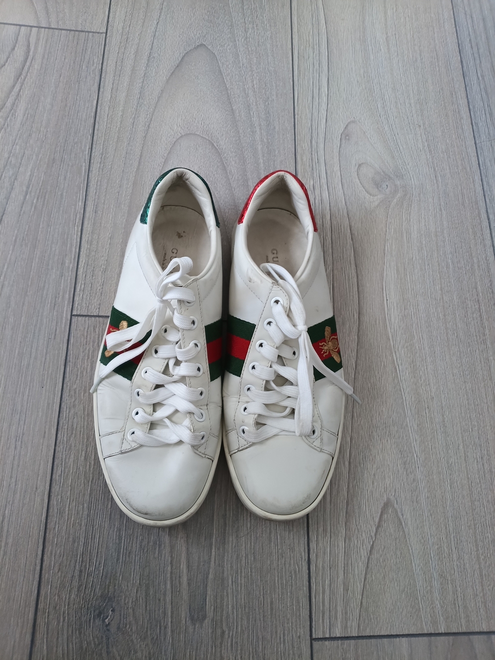 Gucci White Leather Sneakers with Red & Green Web Stripe